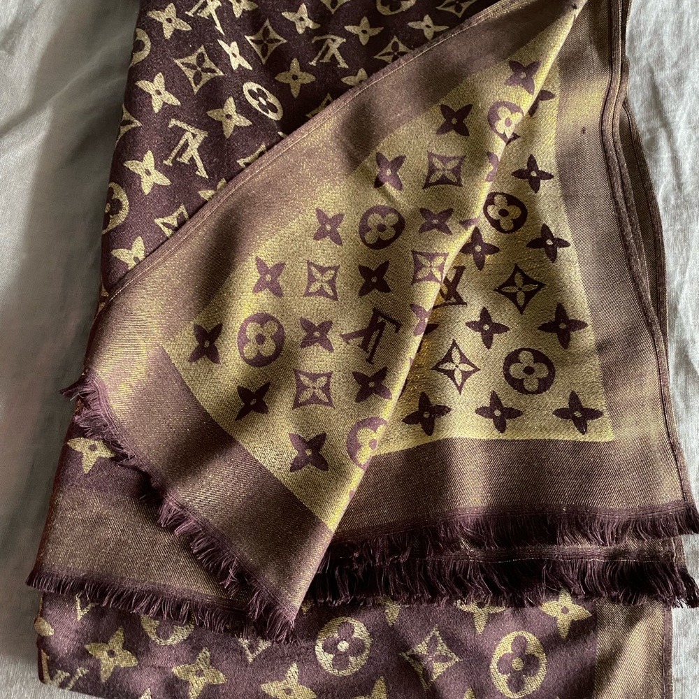 LV monogram gold brown reversible shimmer shawl